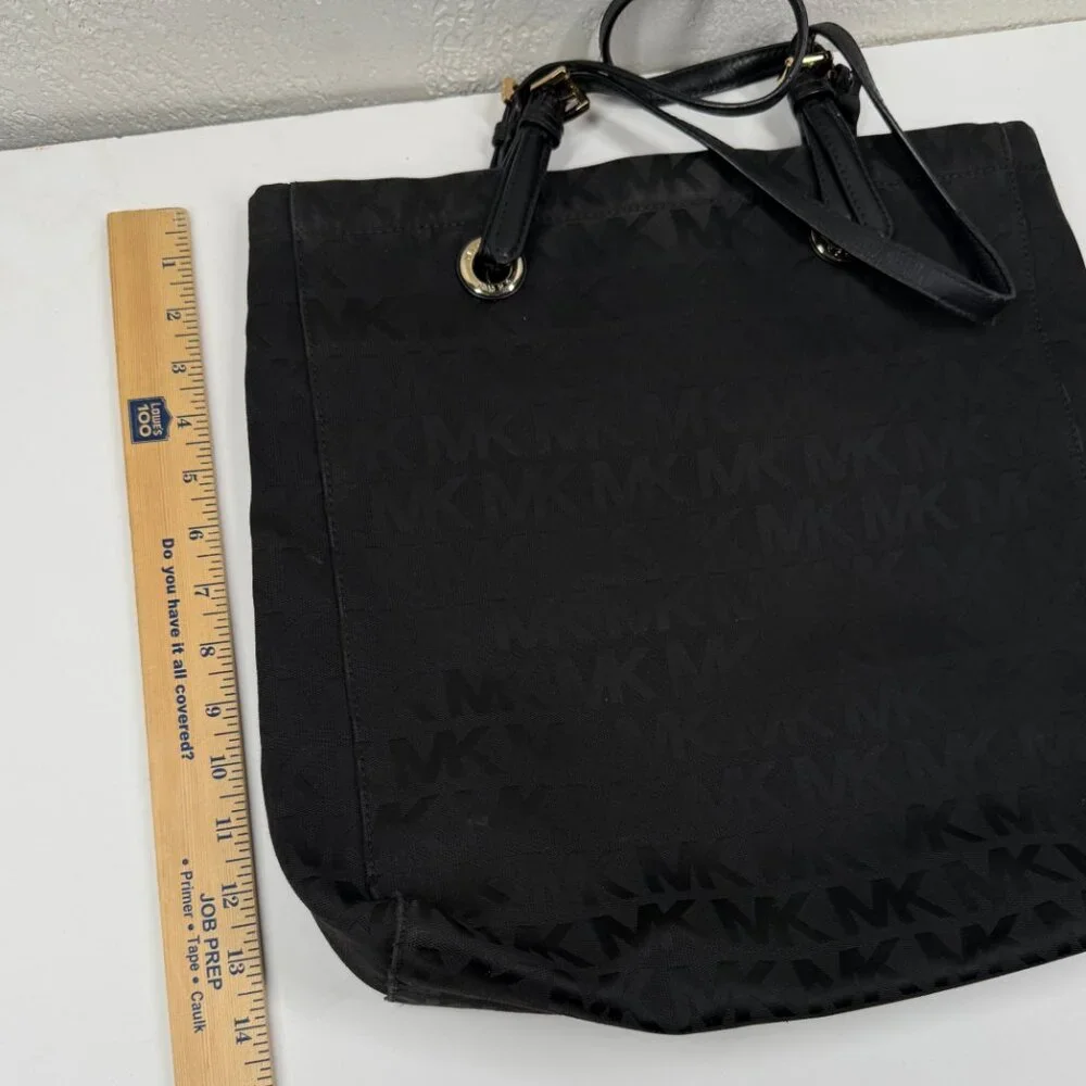 MICHAEL Michael Kors Jet Set Tote Black Monogram Nylon with Leather Straps